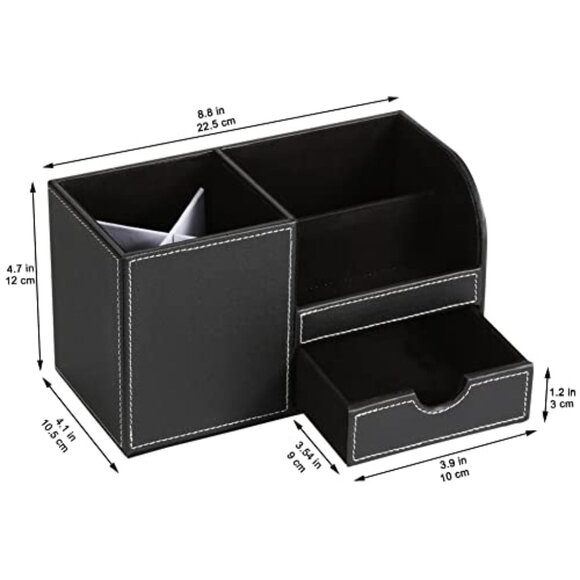 PU Leather Desk Organizer with Drawer, Pen Holder, Phone Storage - Picture 3 of 7